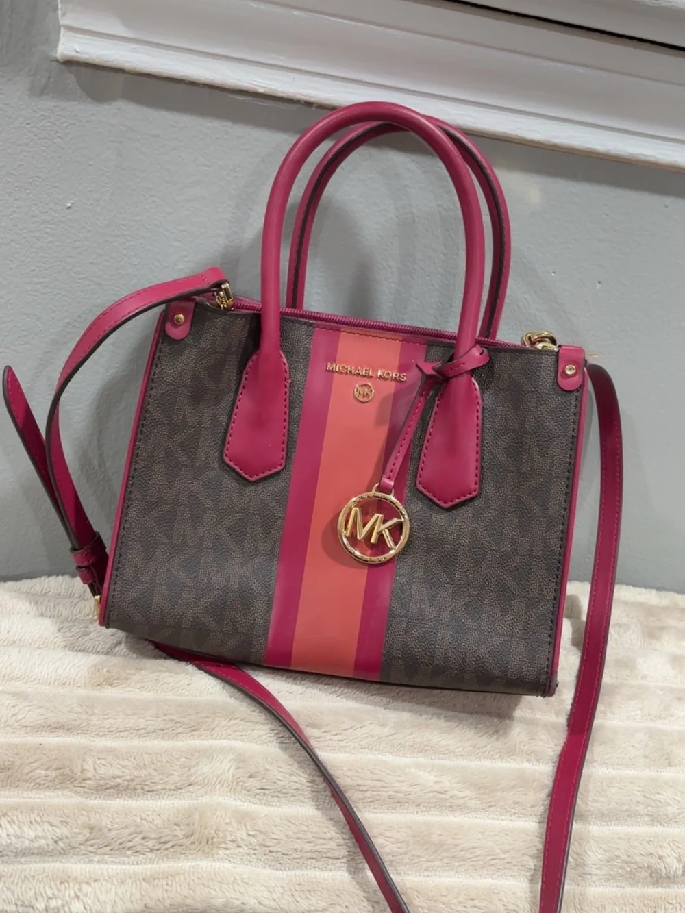 Michael Kors Brown Signature Satchel with Pink and Coral Stripes